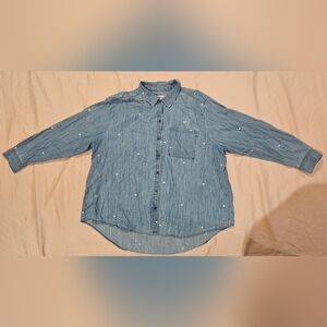 Style & Co. Blue Denim Button-Down Shirt With Small White Hearts
